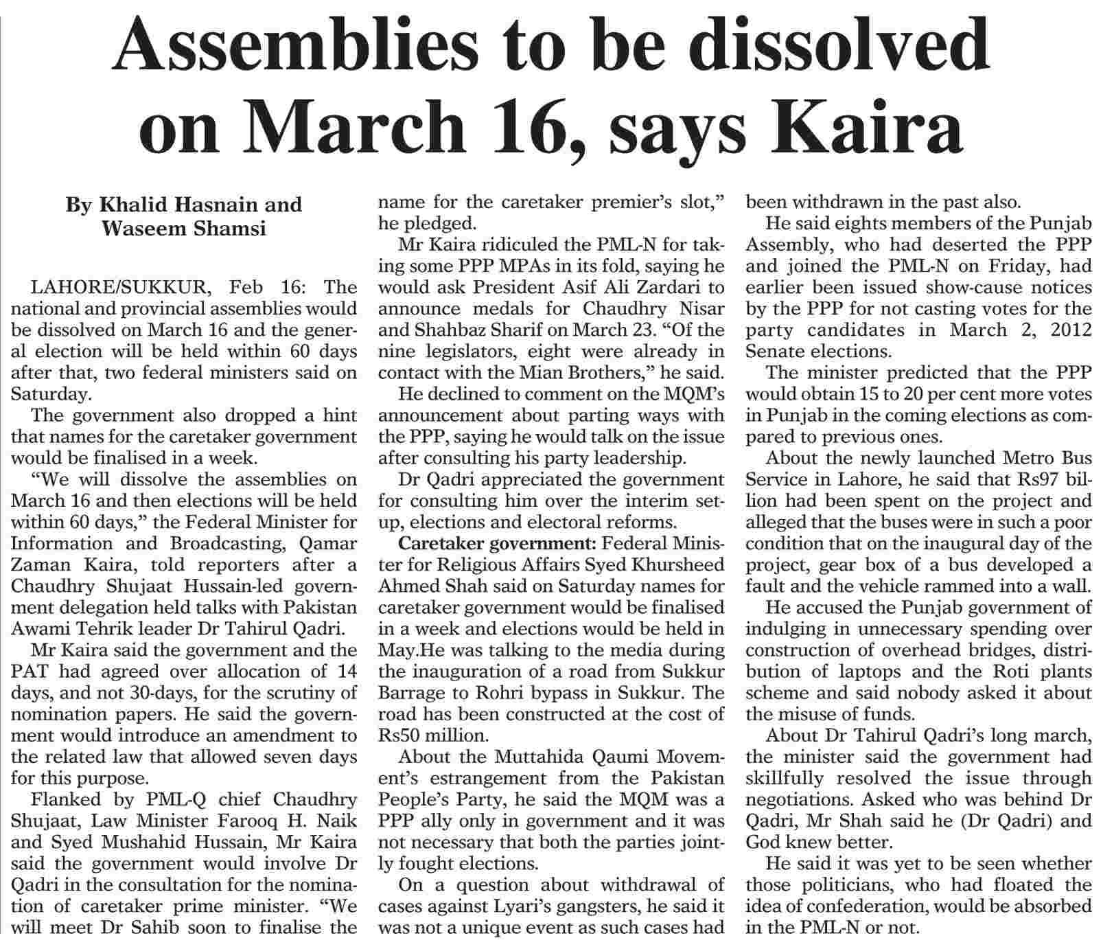 Pakistan Awami Tehreek Print Media CoverageDaily Dawn Front Page